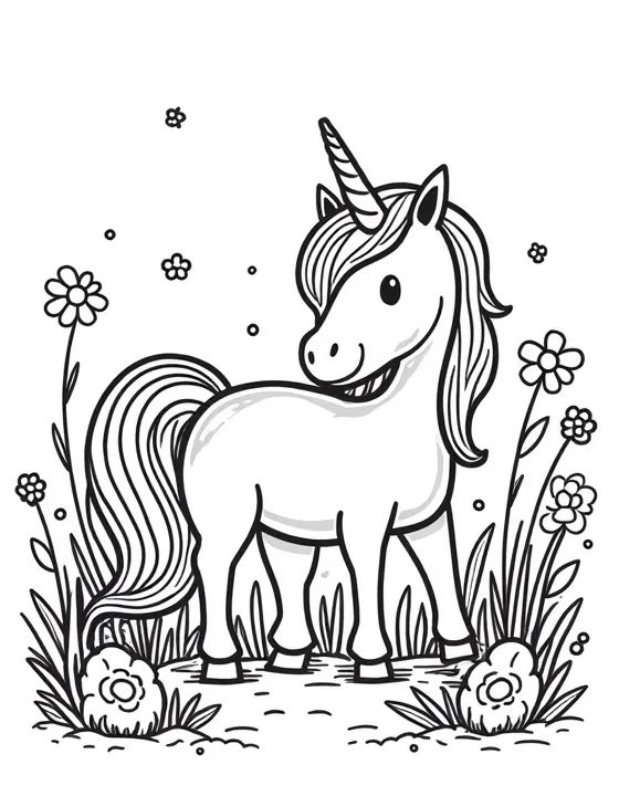 Unicorn explores an enchanted garden