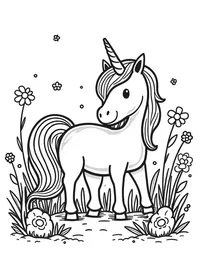 Unicorn explores an enchanted garden