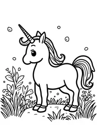 Unicorn explores an enchanted garden