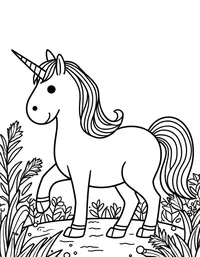 Unicorn explores an enchanted garden