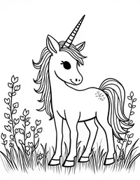 Unicorn explores an enchanted garden