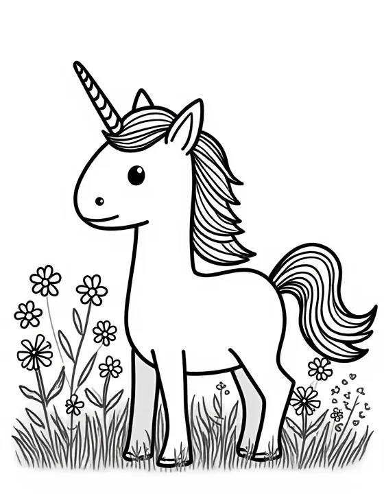 Unicorn frolics in a field of wildflowers