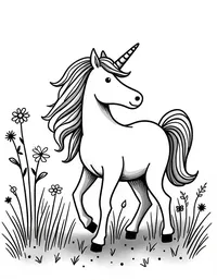 Unicorn frolics in a field of wildflowers