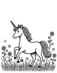 Unicorn frolics in a field of wildflowers