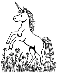 Unicorn frolics in a field of wildflowers