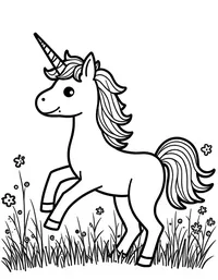 Unicorn frolics in a field of wildflowers