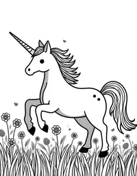 Unicorn frolics in a field of wildflowers