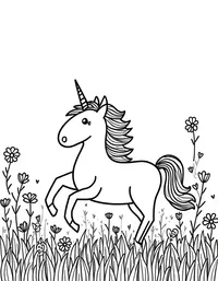 Unicorn frolics in a field of wildflowers
