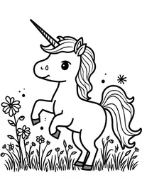 Unicorn frolics in a field of wildflowers
