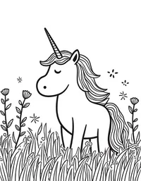 Unicorn frolics in a field of wildflowers