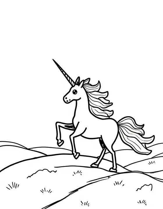 Unicorn gallops over rolling hills