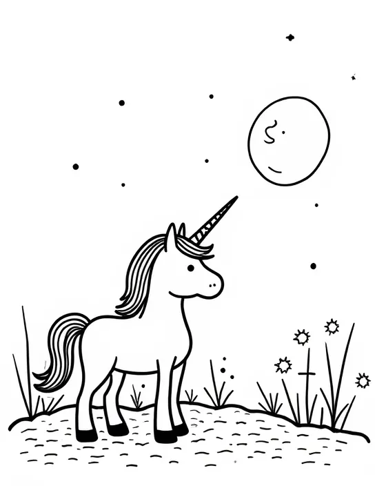 Unicorn gazes at a full moon