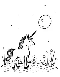 Unicorn gazes at a full moon coloring pages