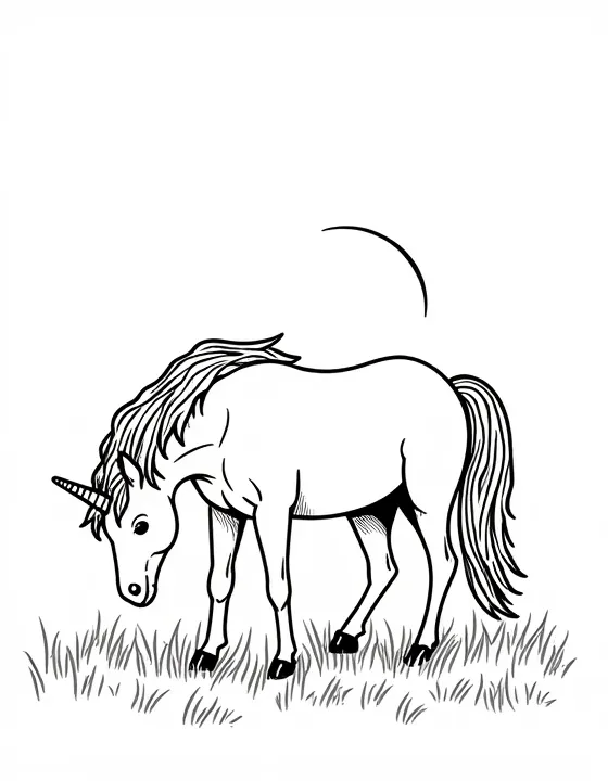 Unicorn grazes on a meadow at sunset