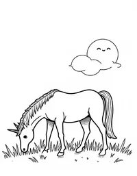 Unicorn grazes on a meadow at sunset