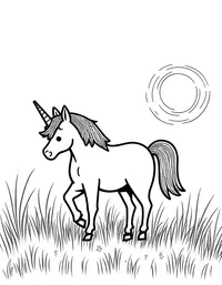 Unicorn grazes on a meadow at sunset