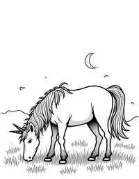 Unicorn grazes on a meadow at sunset
