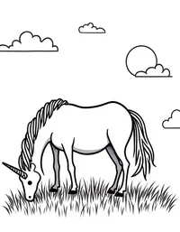 Unicorn grazes on a meadow at sunset