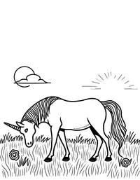 Unicorn grazes on a meadow at sunset