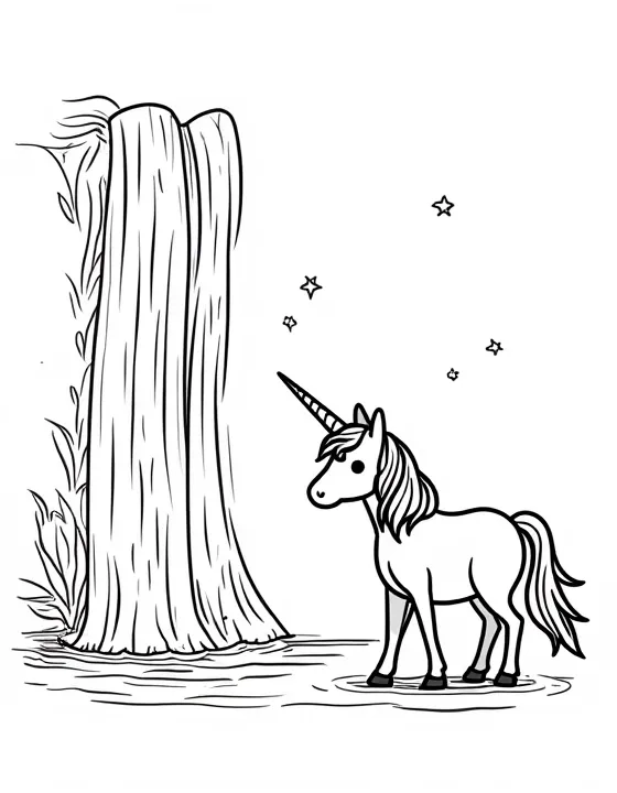 Unicorn looks into a misty waterfall