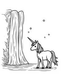 Unicorn looks into a misty waterfall coloring pages