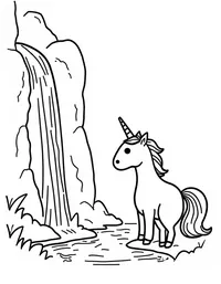 Unicorn looks into a misty waterfall