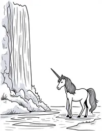 Unicorn looks into a misty waterfall