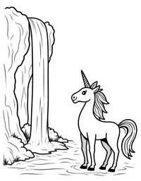 Unicorn looks into a misty waterfall