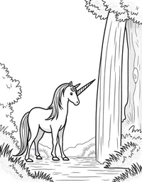 Unicorn looks into a misty waterfall