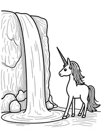 Unicorn looks into a misty waterfall