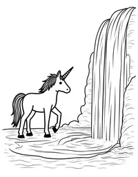 Unicorn looks into a misty waterfall