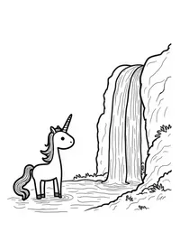 Unicorn looks into a misty waterfall