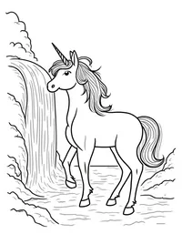 Unicorn looks into a misty waterfall