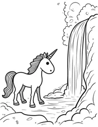 Unicorn looks into a misty waterfall