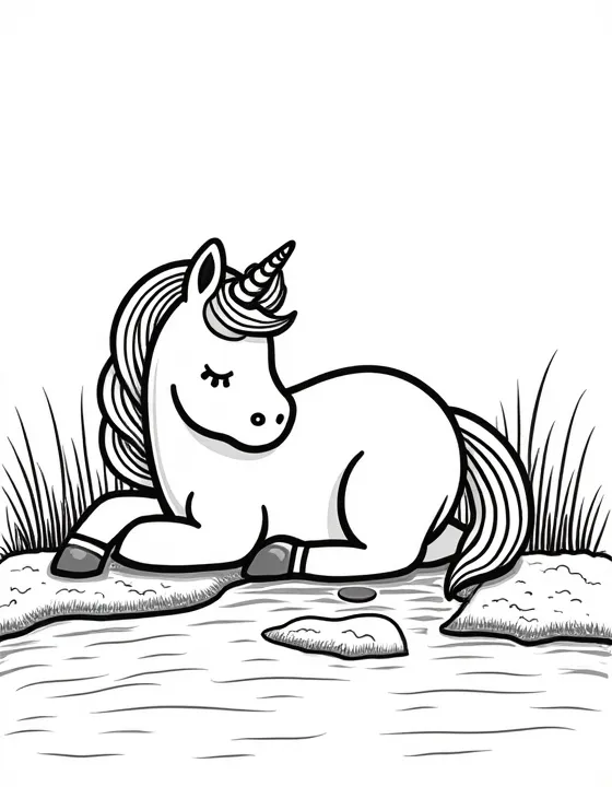 Unicorn naps beside a babbling brook