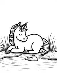 Unicorn naps beside a babbling brook coloring pages