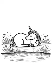 Unicorn naps beside a babbling brook