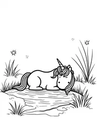 Unicorn naps beside a babbling brook