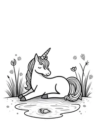 Unicorn naps beside a babbling brook