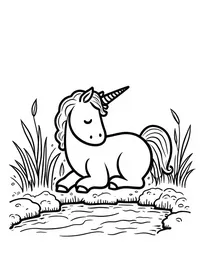 Unicorn naps beside a babbling brook