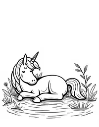 Unicorn naps beside a babbling brook