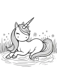 Unicorn naps beside a babbling brook