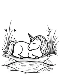 Unicorn naps beside a babbling brook