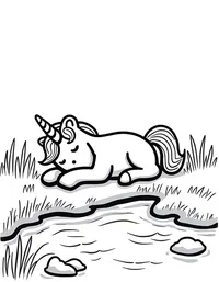 Unicorn naps beside a babbling brook