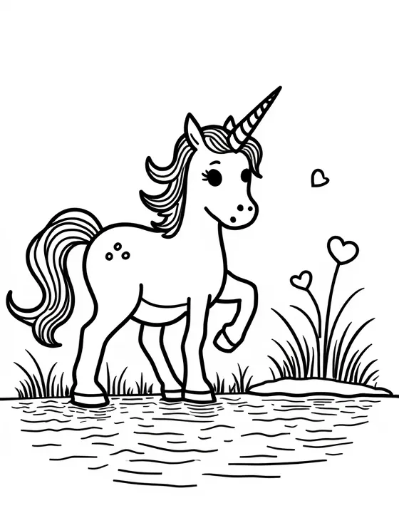 Unicorn plays near a bubbling brook