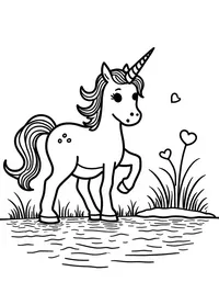 Unicorn plays near a bubbling brook coloring pages