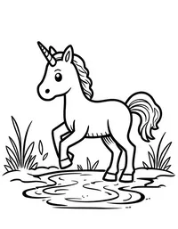 Unicorn plays near a bubbling brook