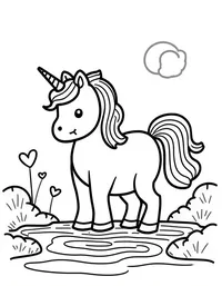 Unicorn plays near a bubbling brook