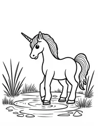 Unicorn plays near a bubbling brook