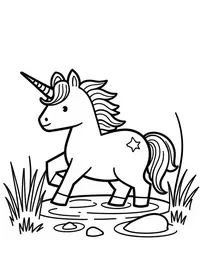 Unicorn plays near a bubbling brook